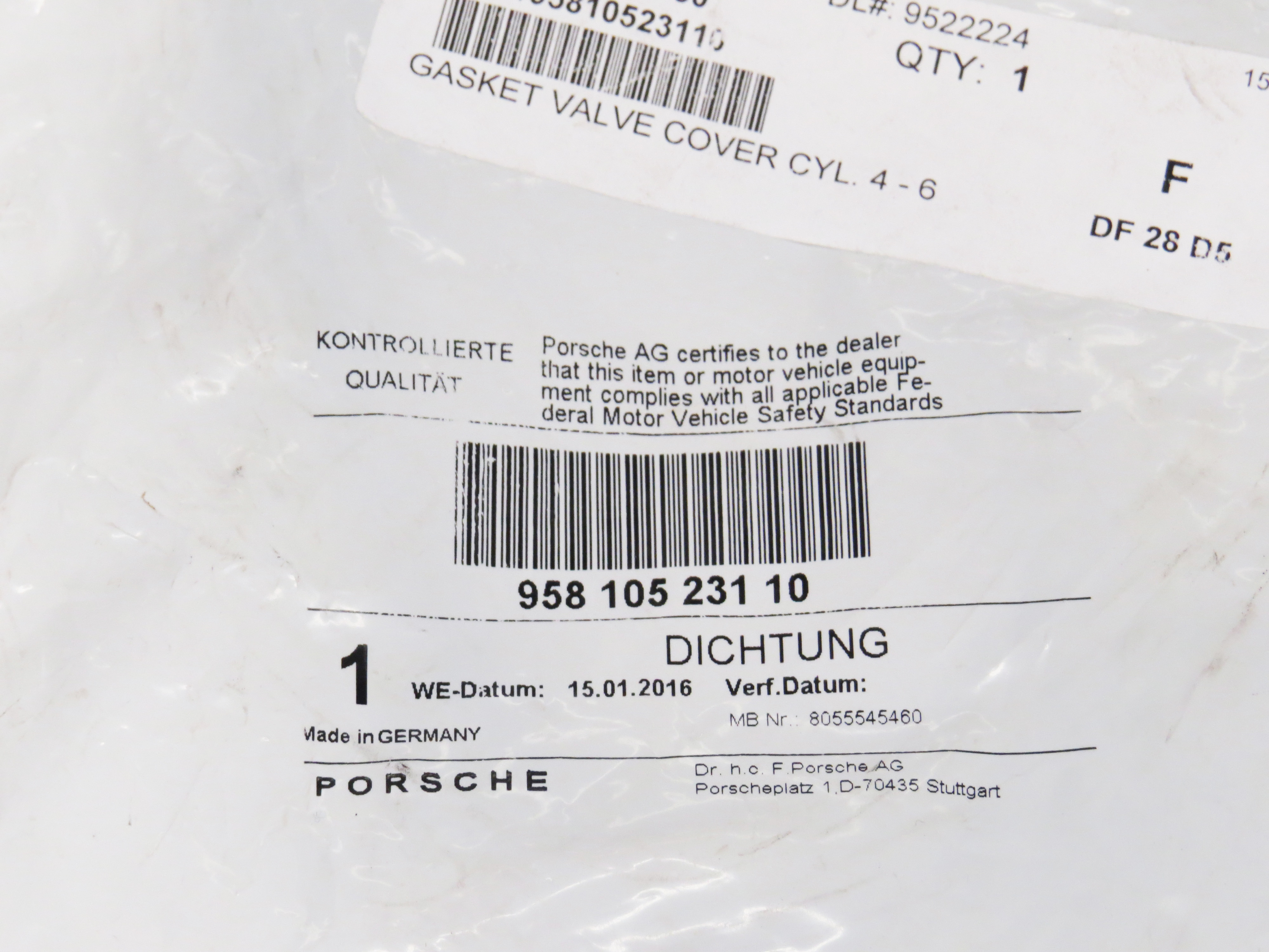 Porsche Cayenne 2013-2016 OEM Valve Cover Gasket Cylinder 4-6 95810523110